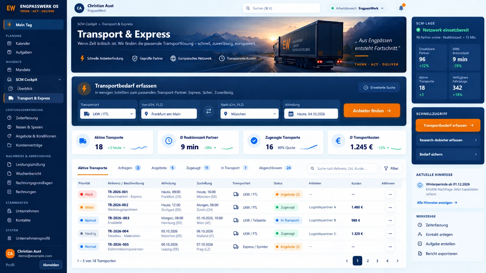 Beispielansicht Transport- und Expresssteuerung mit fiktiven Daten