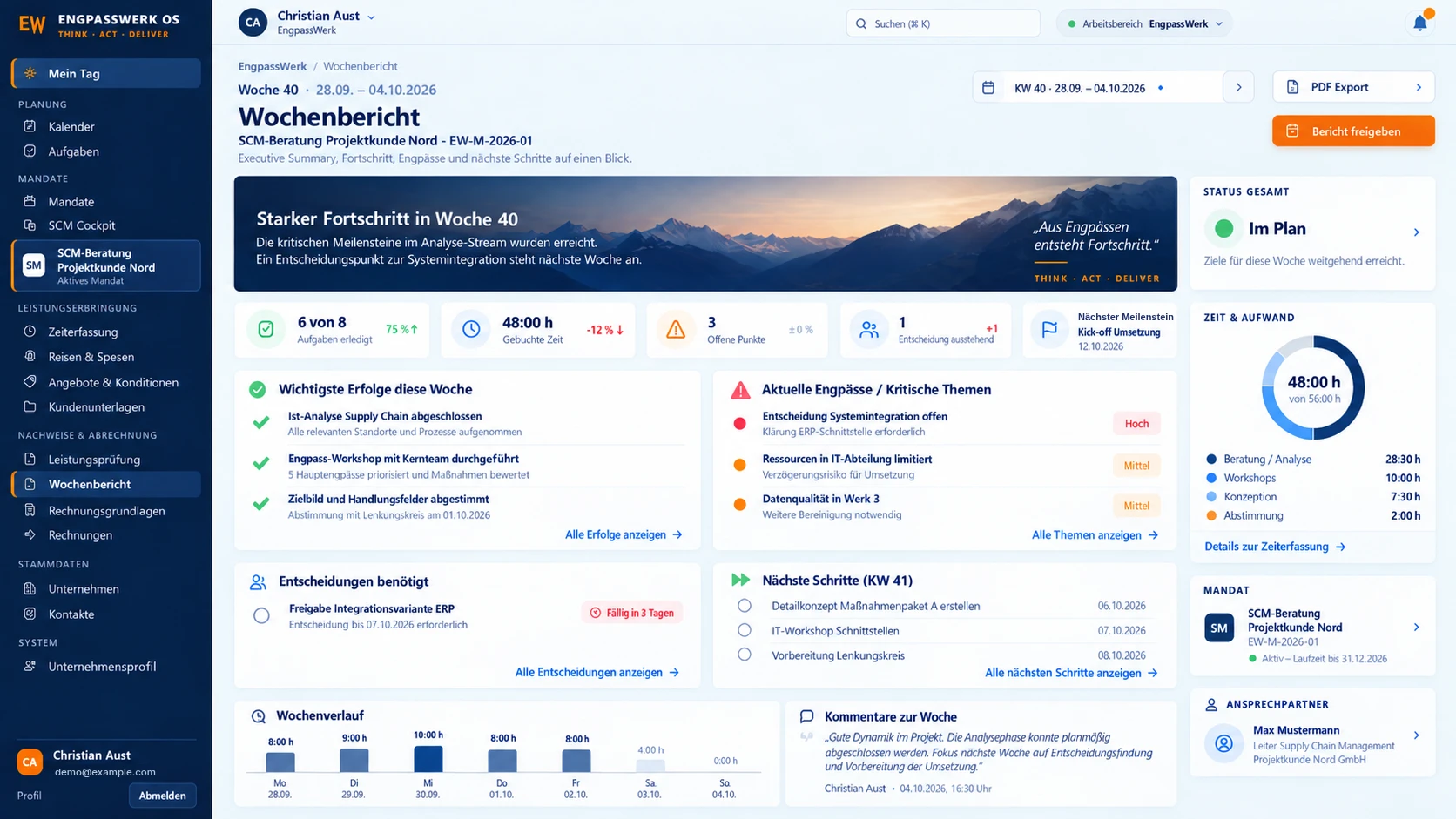 Beispielansicht Wochenbericht und Management Summary mit fiktiven Daten